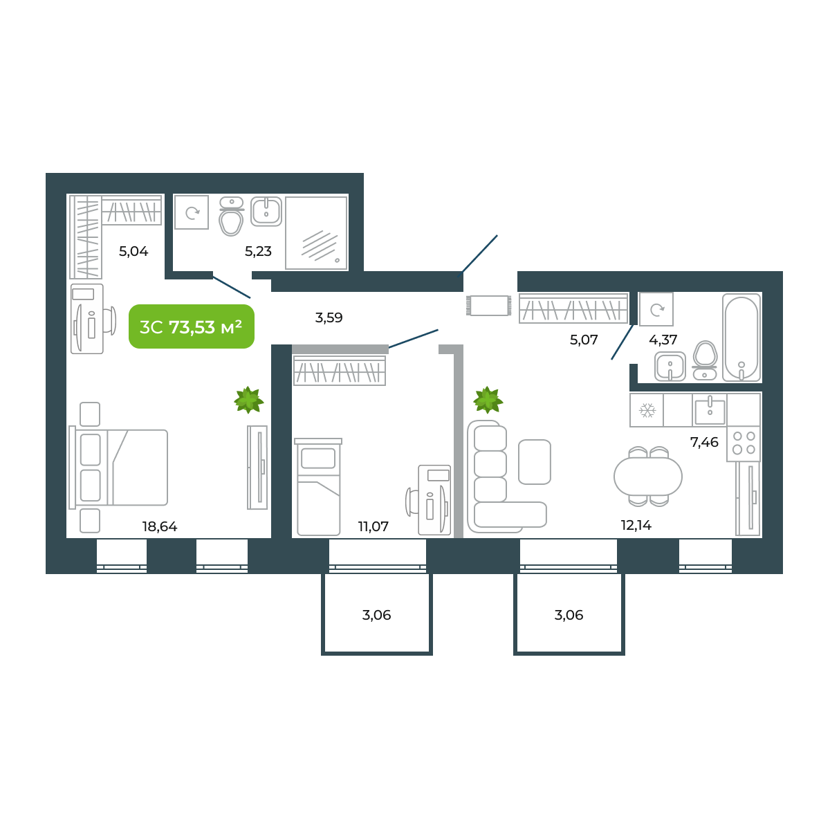 3-комнатная, 74.45 м², № 44 в Botanica (Ботаника)