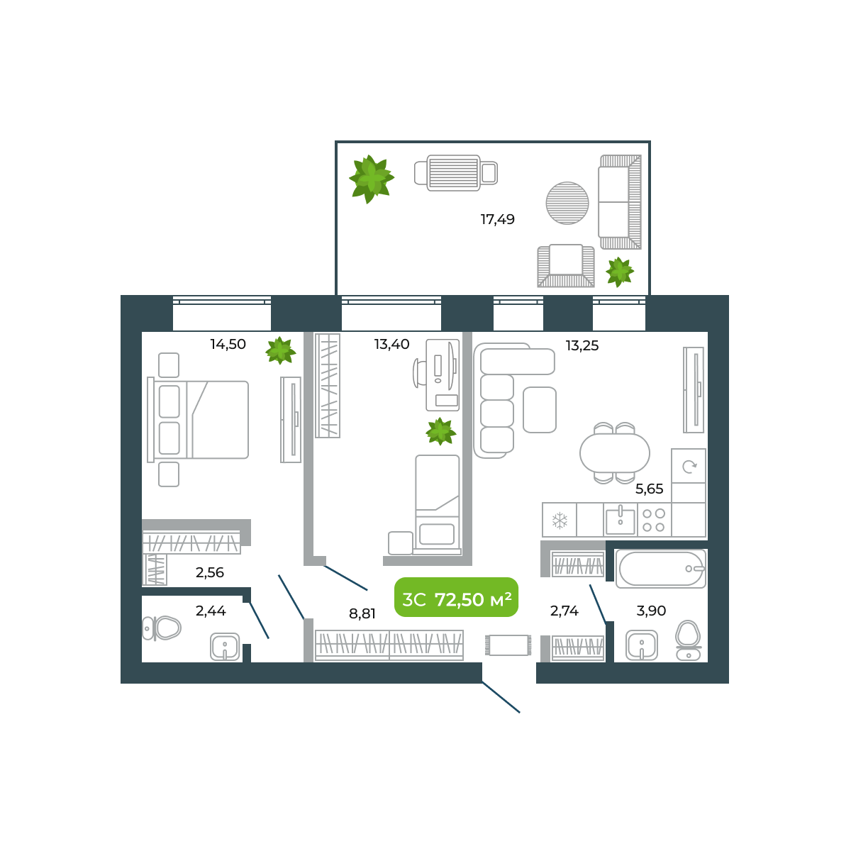 3-комнатная, 72.5 м², № 2 в Botanica (Ботаника)