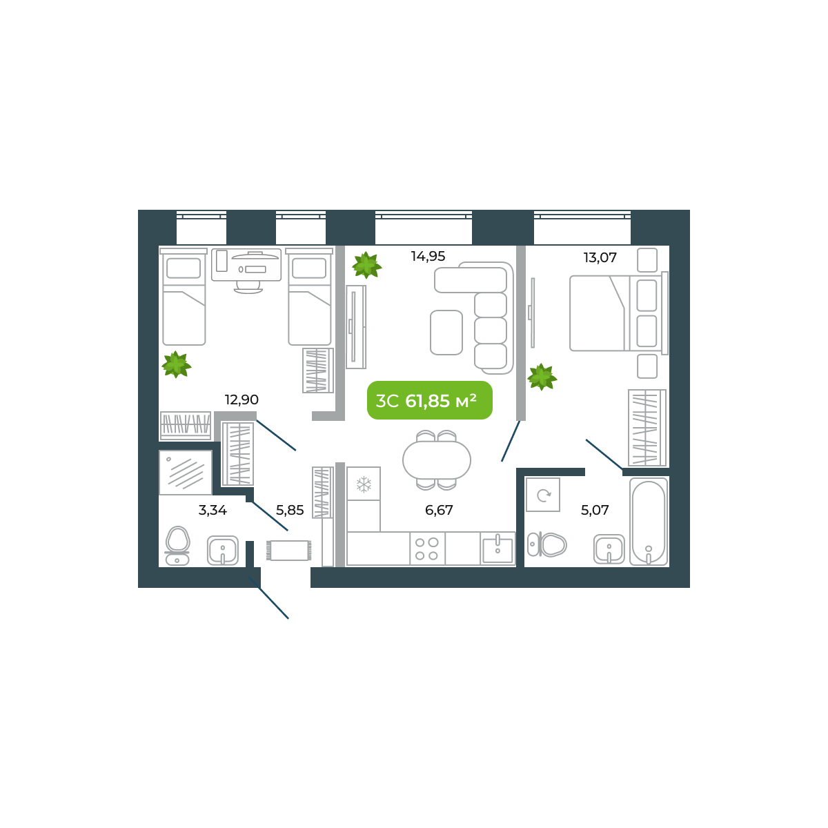 3-комнатная, 61.85 м², № 34 в Botanica (Ботаника)