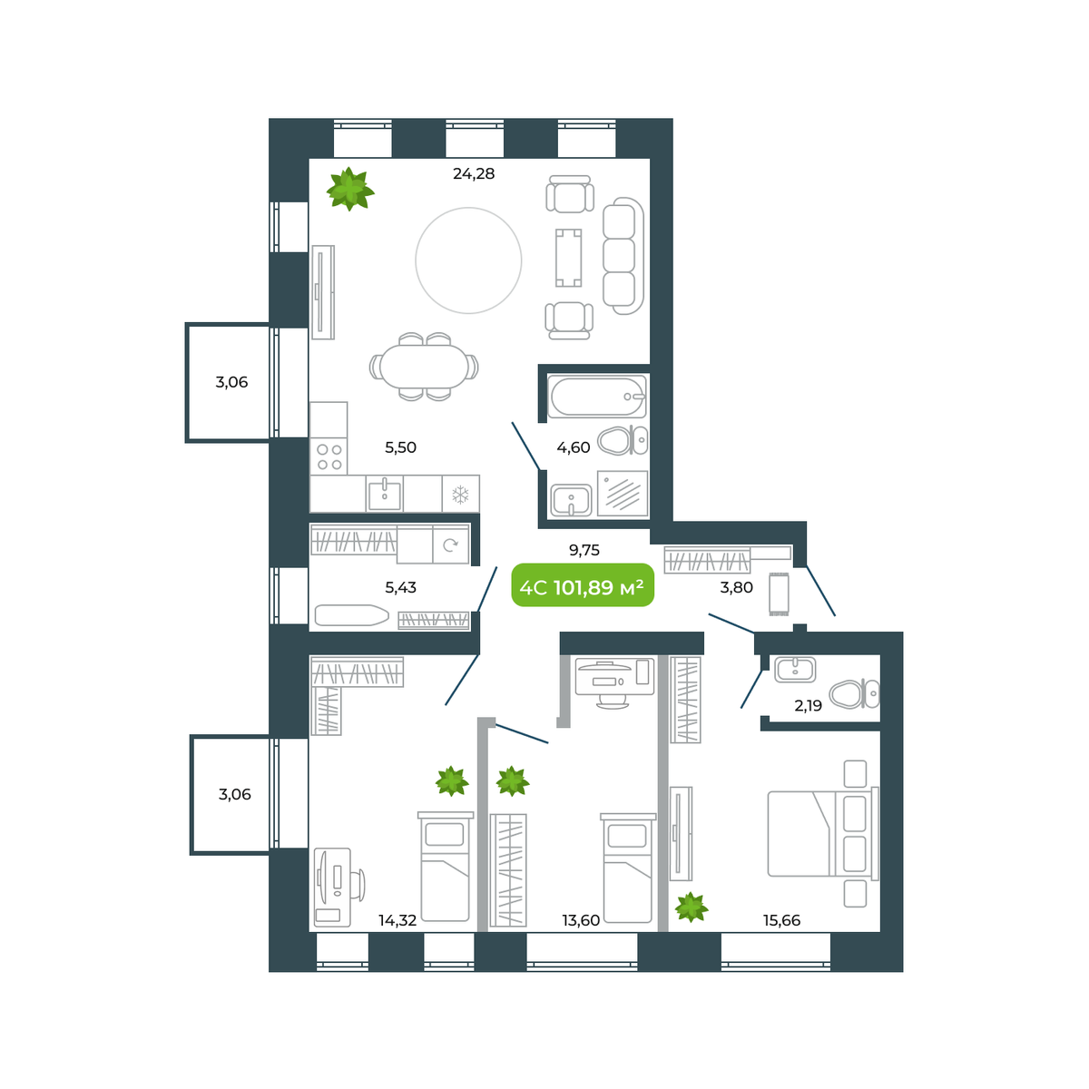 4-комнатная, 100.97 м², № 10 в Botanica (Ботаника)