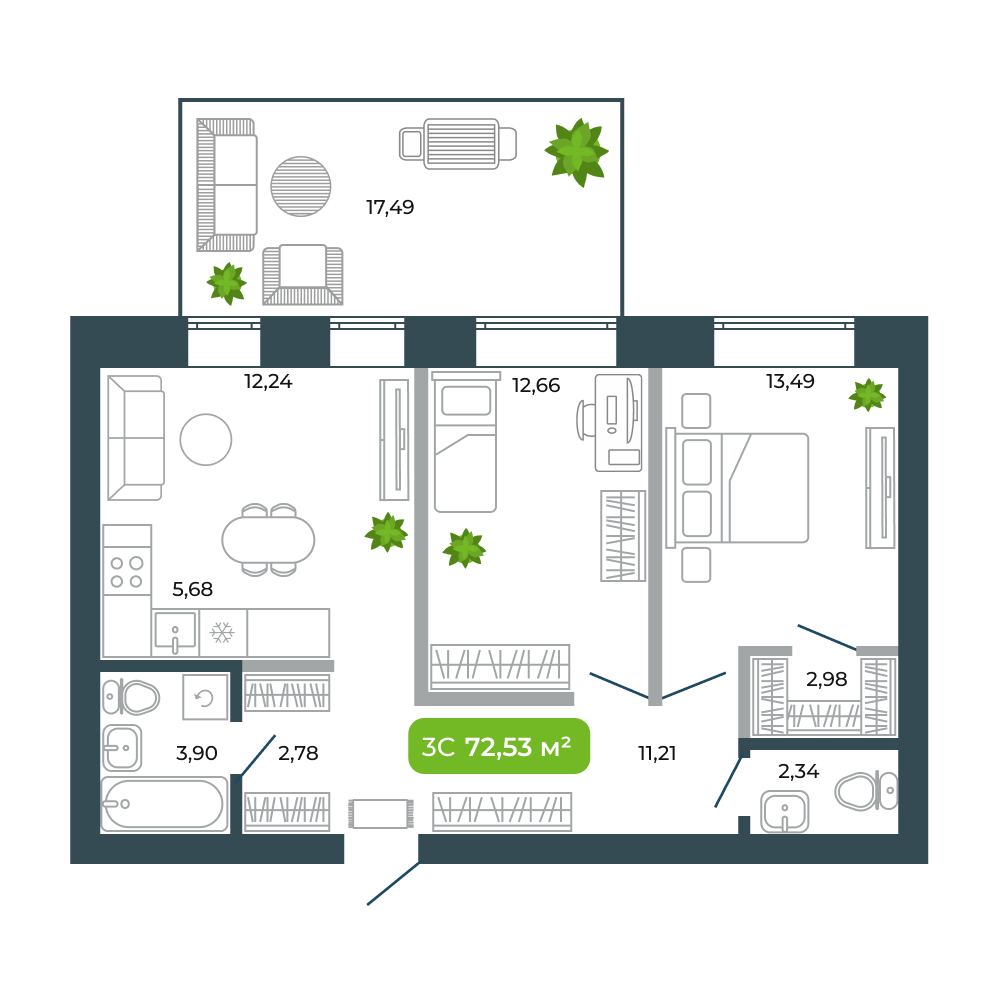 3-комнатная, 72.53 м², № 38 в Botanica (Ботаника)