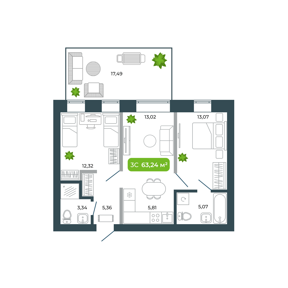 3-комнатная, 63.24 м², № 3 в Botanica (Ботаника)