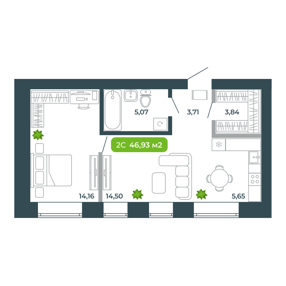 2-комнатная, 46.93 м², № 1 в Botanica (Ботаника)
