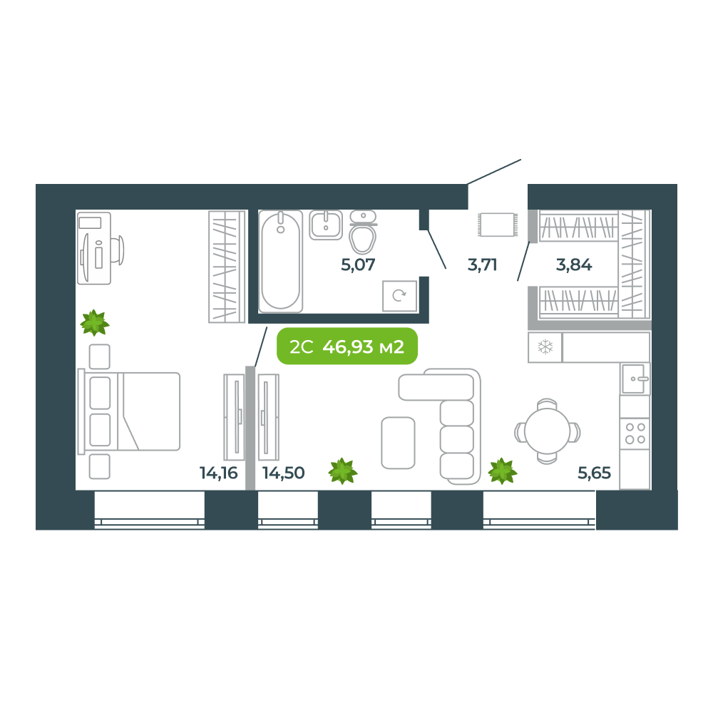 2-комнатная, 46.93 м², № 22 в Botanica (Ботаника)