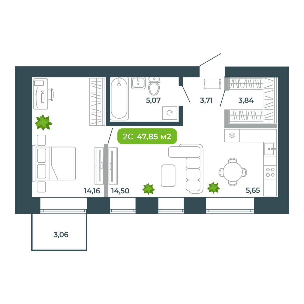 2-комнатная, 47.85 м², № 8 в Botanica (Ботаника)