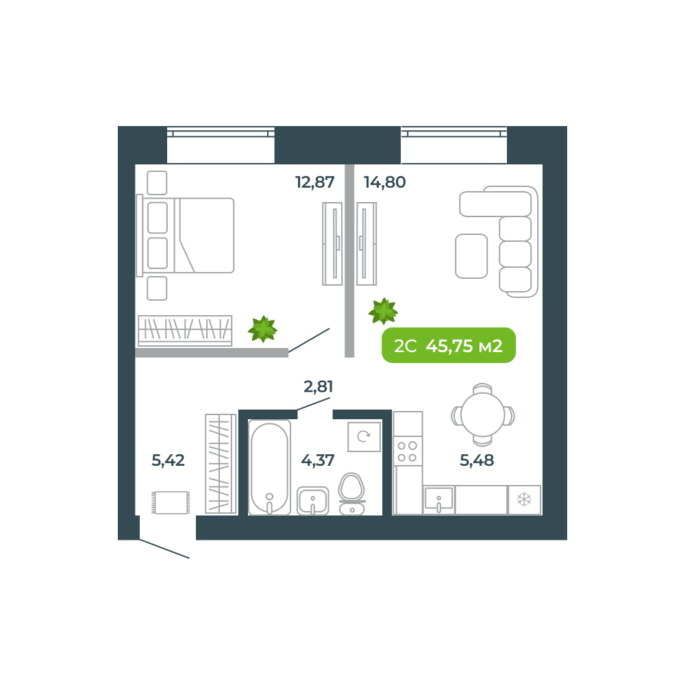 2-комнатная, 45.75 м², № 5 в Botanica (Ботаника)