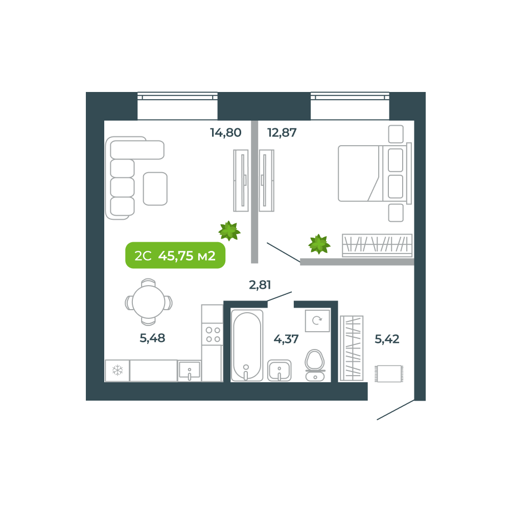 2-комнатная, 45.75 м², № 52 в Botanica (Ботаника)