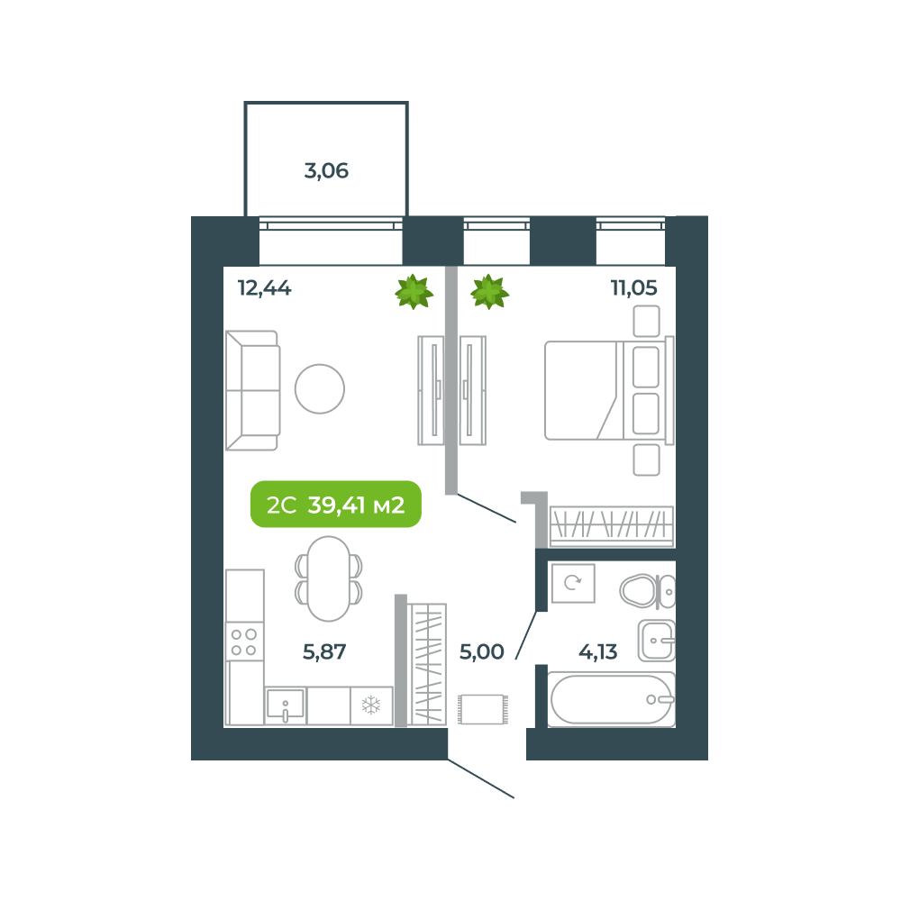 2-комнатная, 39.41 м², № 17 в Botanica (Ботаника)