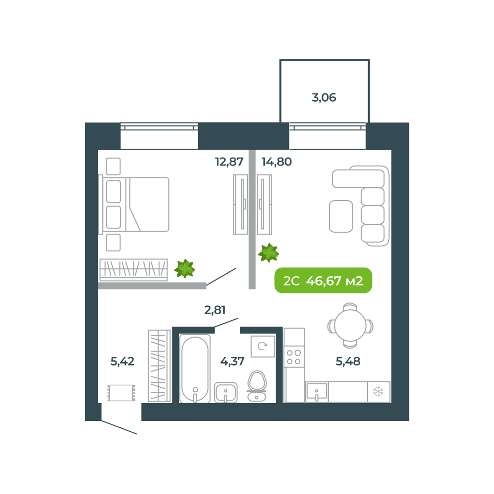 2-комнатная, 46.67 м², № 19 в Botanica (Ботаника)