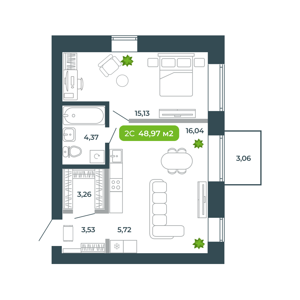 2-комнатная, 48.97 м², № 48 в Botanica (Ботаника)
