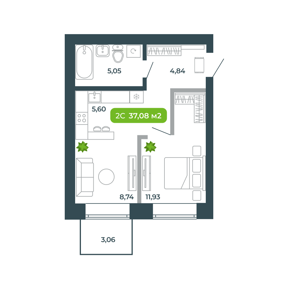 2-комнатная, 37.08 м², № 37 в Botanica (Ботаника)