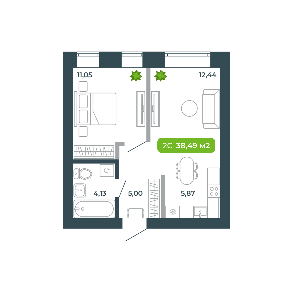 2-комнатная, 38.49 м², № 54 в Botanica (Ботаника)