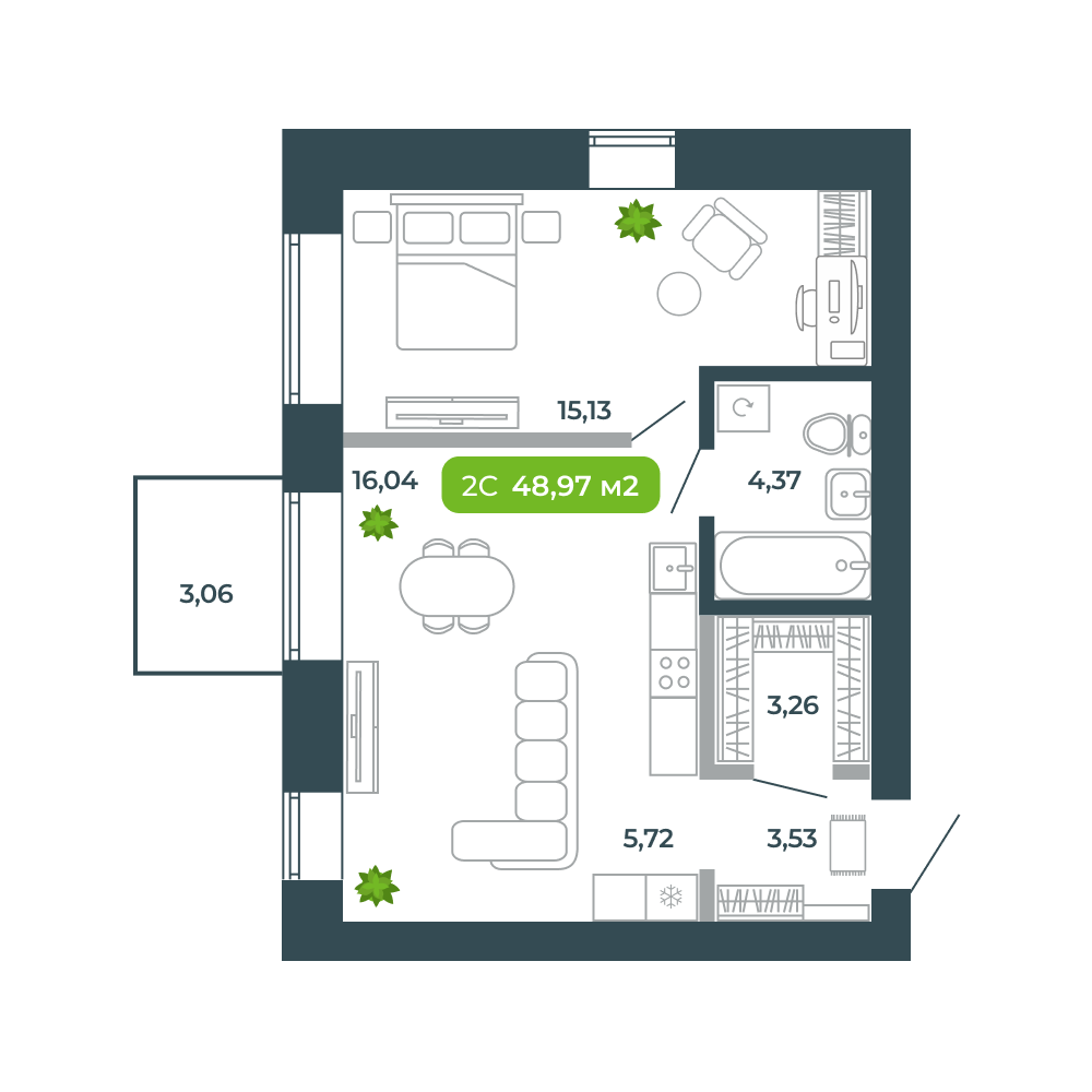 2-комнатная, 48.97 м², № 16 в Botanica (Ботаника)