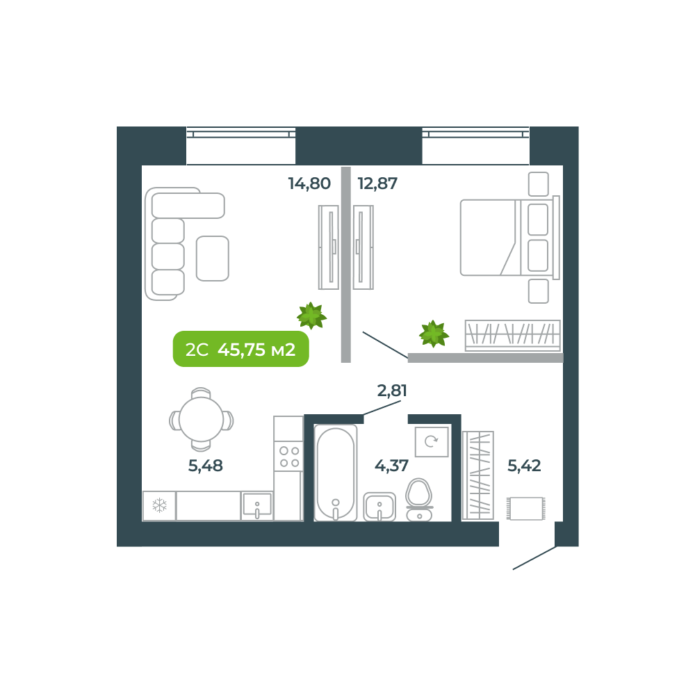 2-комнатная, 45.75 м², № 31 в Botanica (Ботаника)