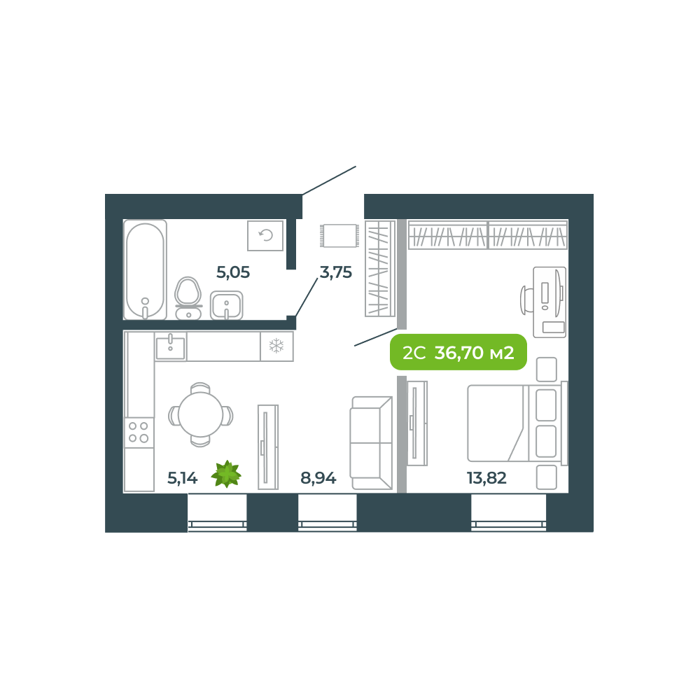 2-комнатная, 36.7 м², № 50 в Botanica (Ботаника)