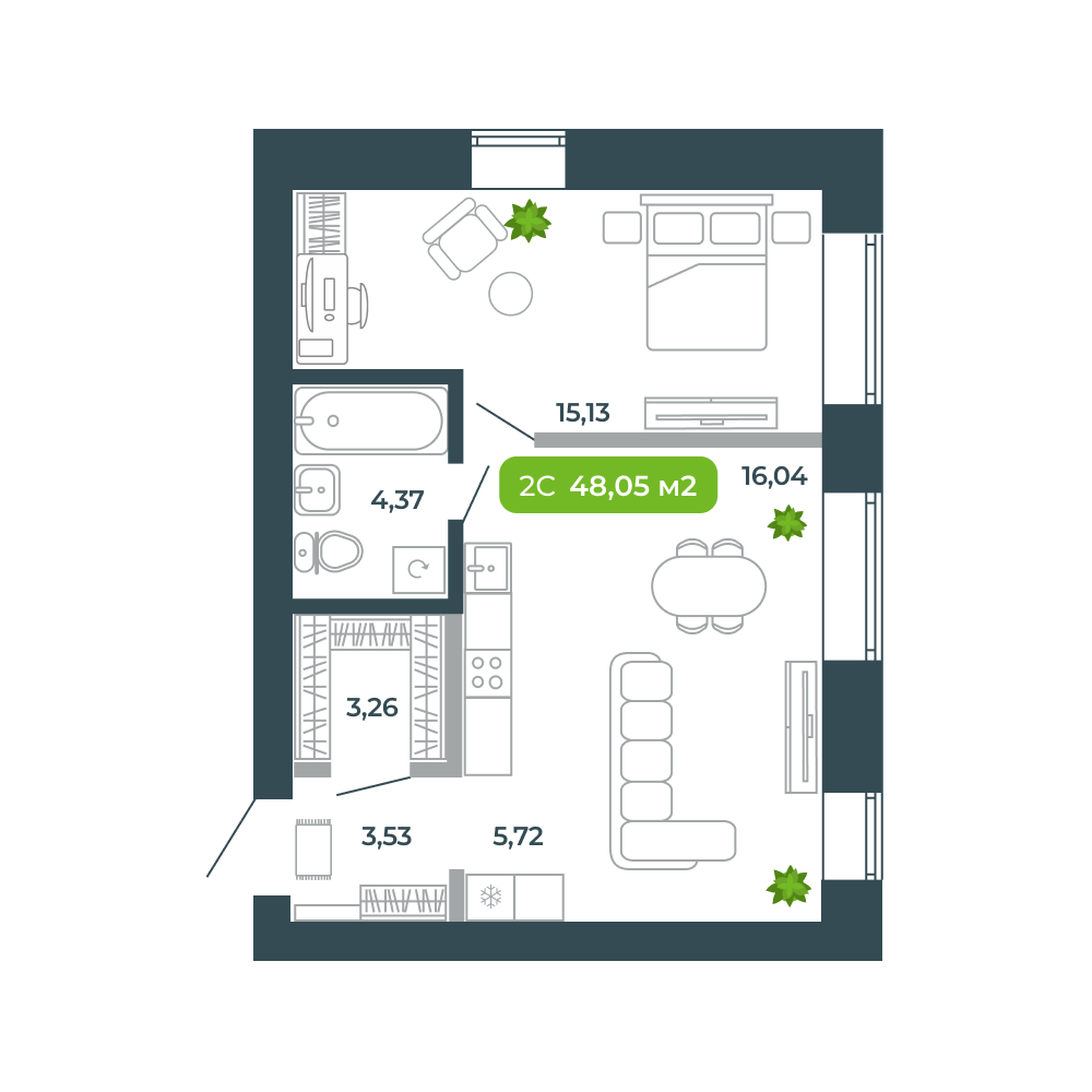2-комнатная, 48.05 м², № 55 в Botanica (Ботаника)