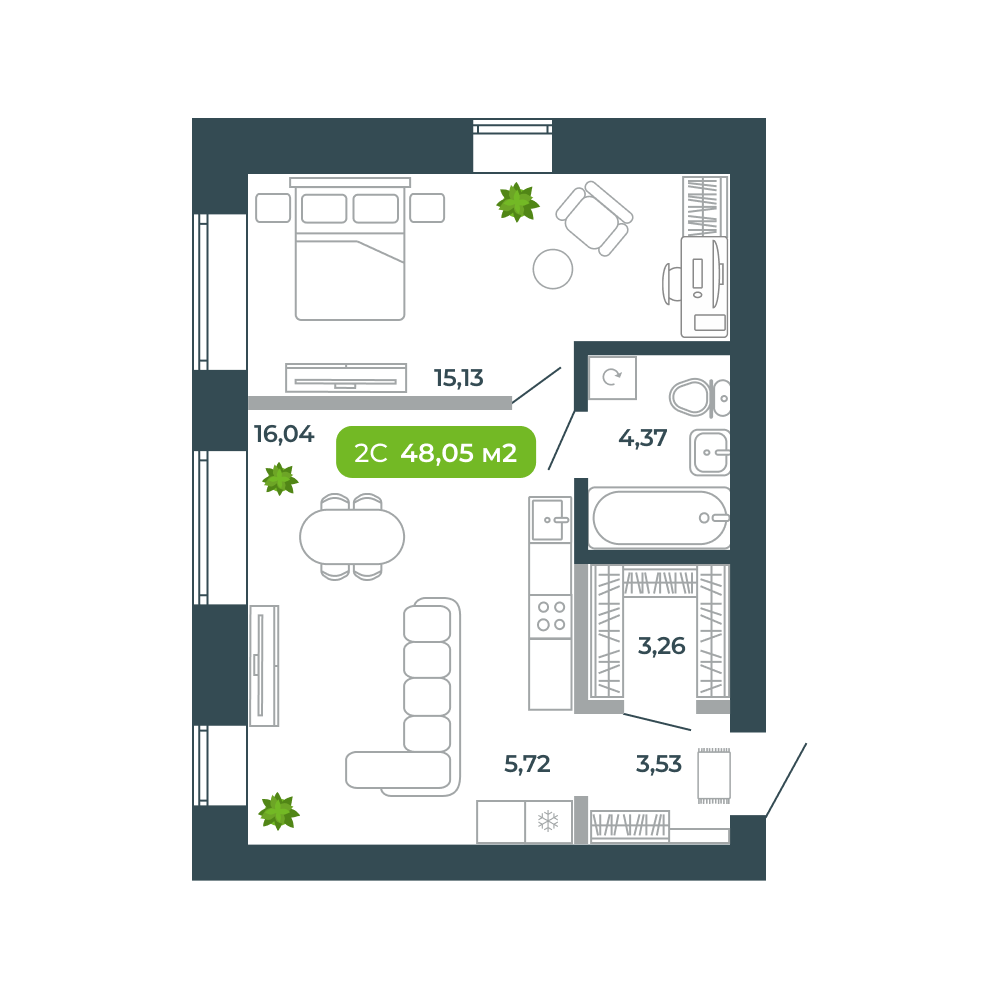 2-комнатная, 48.05 м², № 2 в Botanica (Ботаника)