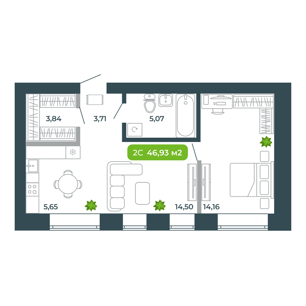 2-комнатная, 46.93 м², № 56 в Botanica (Ботаника)