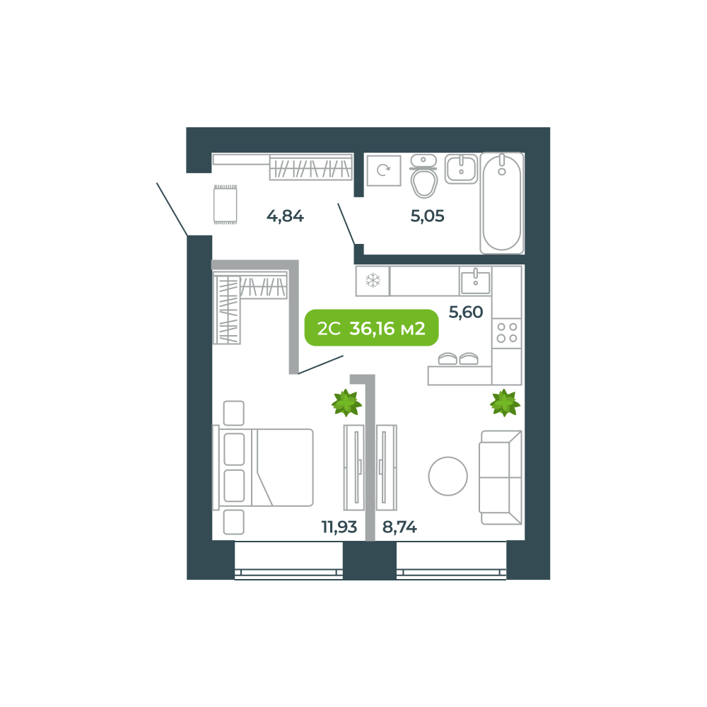 2-комнатная, 36.16 м², № 6 в Botanica (Ботаника)