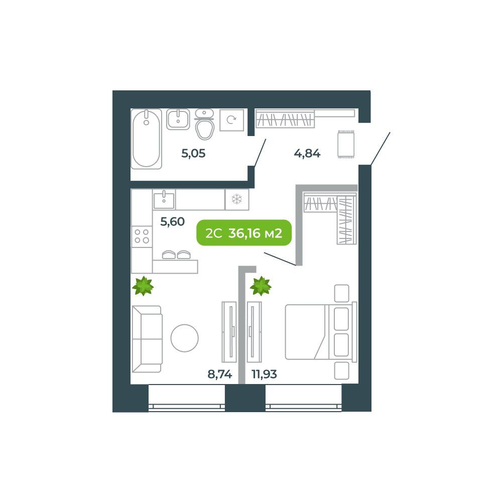 2-комнатная, 36.16 м², № 30 в Botanica (Ботаника)