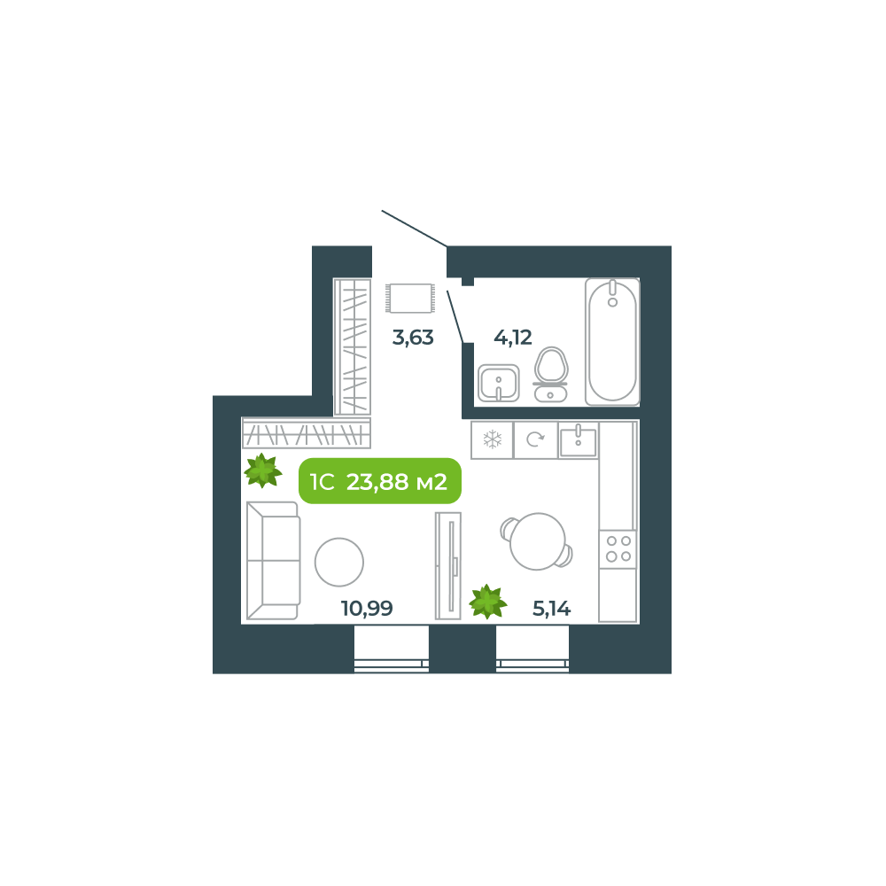 Студия, 23.88 м², № 7 в Botanica (Ботаника)