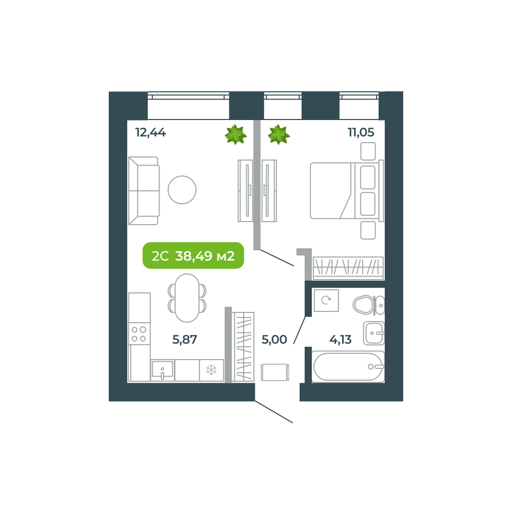 2-комнатная, 38.49 м², № 24 в Botanica (Ботаника)