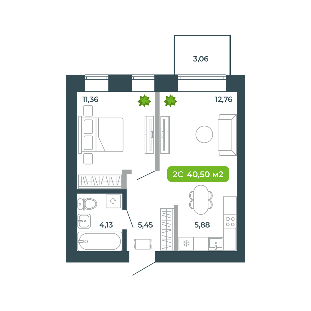 2-комнатная, 40.5 м², № 18 в Botanica (Ботаника)