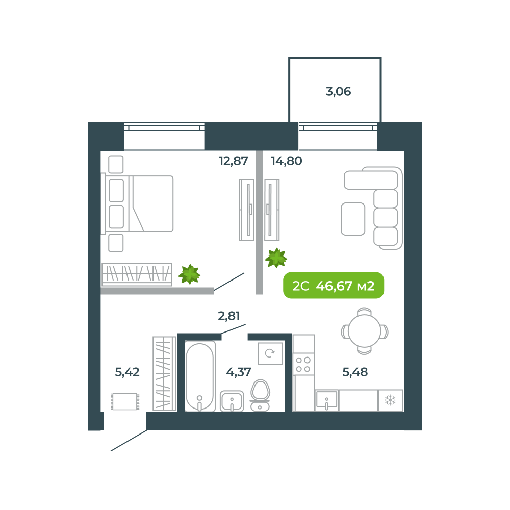 2-комнатная, 46.67 м², № 12 в Botanica (Ботаника)