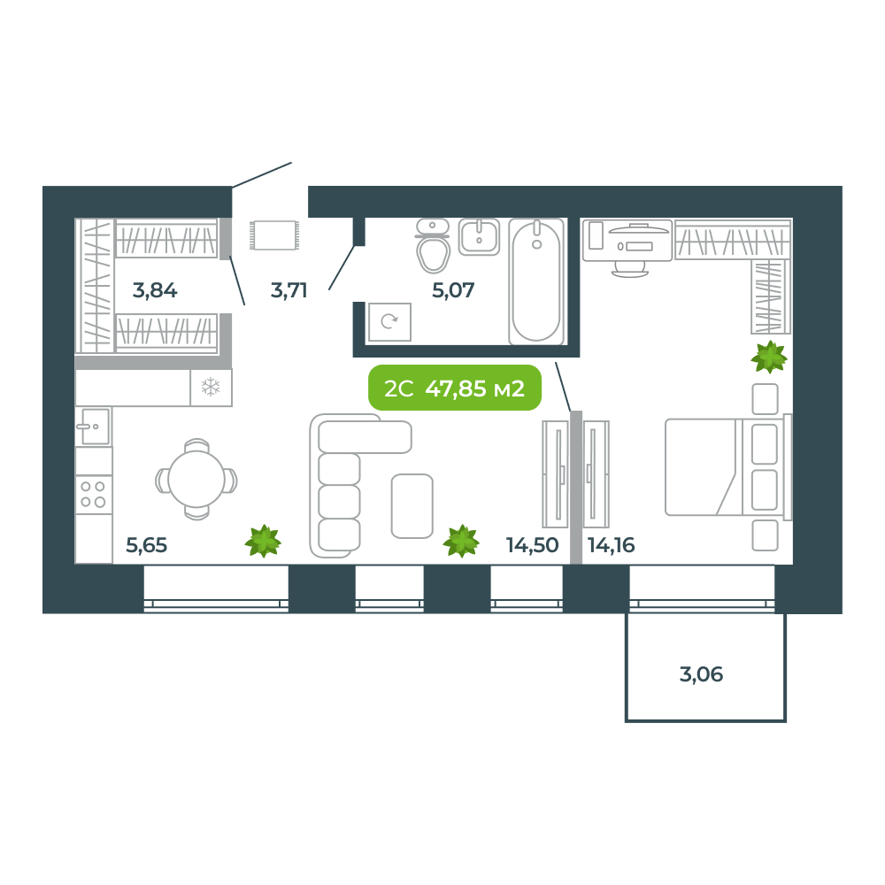 2-комнатная, 47.85 м², № 49 в Botanica (Ботаника)