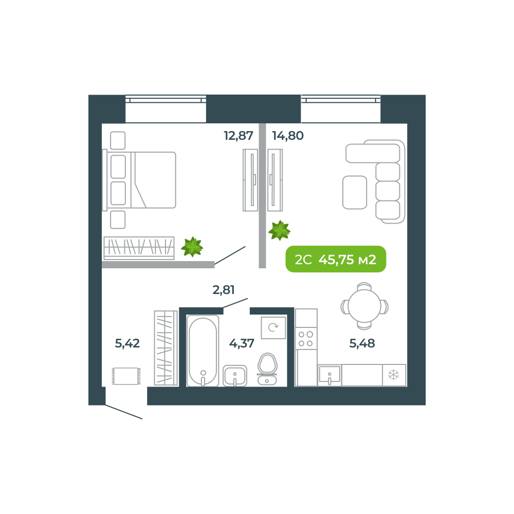 2-комнатная, 45.75 м², № 26 в Botanica (Ботаника)