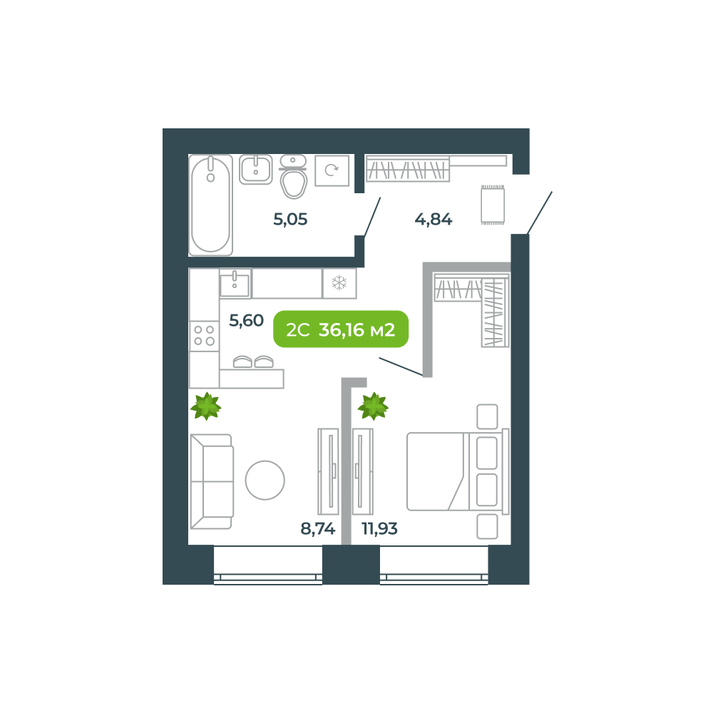 2-комнатная, 36.16 м², № 51 в Botanica (Ботаника)
