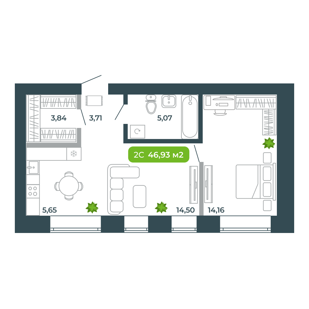 2-комнатная, 46.93 м², № 35 в Botanica (Ботаника)