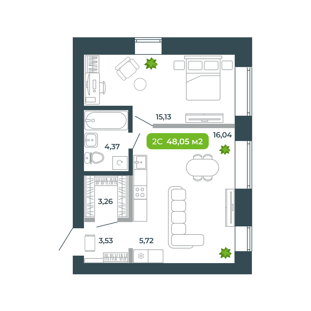2-комнатная, 48.05 м², № 34 в Botanica (Ботаника)