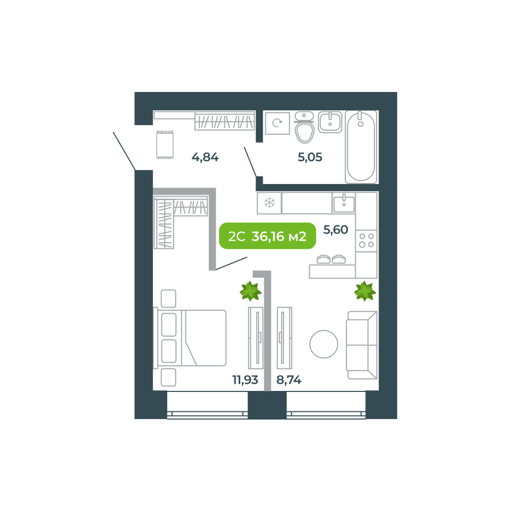 2-комнатная, 36.16 м², № 27 в Botanica (Ботаника)