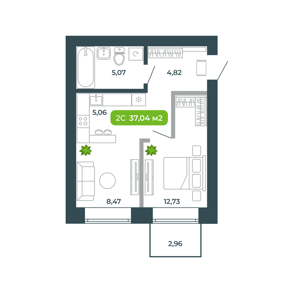 2-комнатная, 37.04 м², № 72 в Botanica (Ботаника)