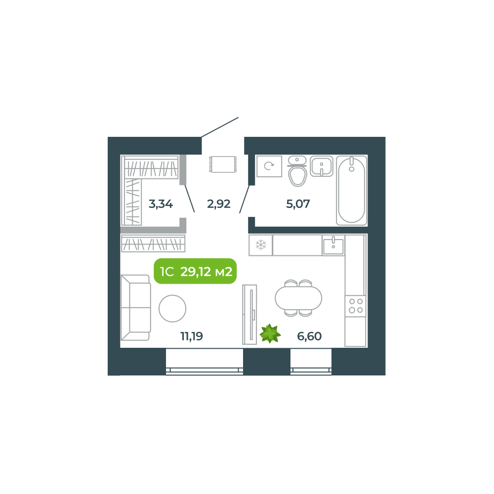 1-комнатная, 29.12 м², № 29 в Botanica (Ботаника)