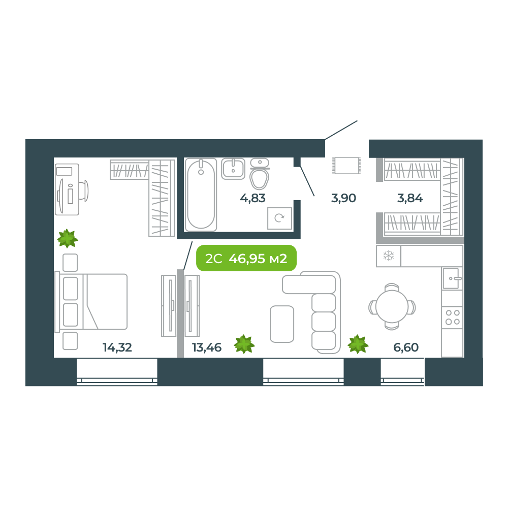 2-комнатная, 46.95 м², № 1 в Botanica (Ботаника)