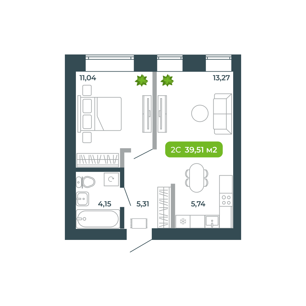 2-комнатная, 39.51 м², № 25 в Botanica (Ботаника)