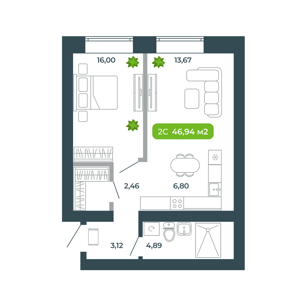 2-комнатная, 46.94 м², № 34 в Botanica (Ботаника)