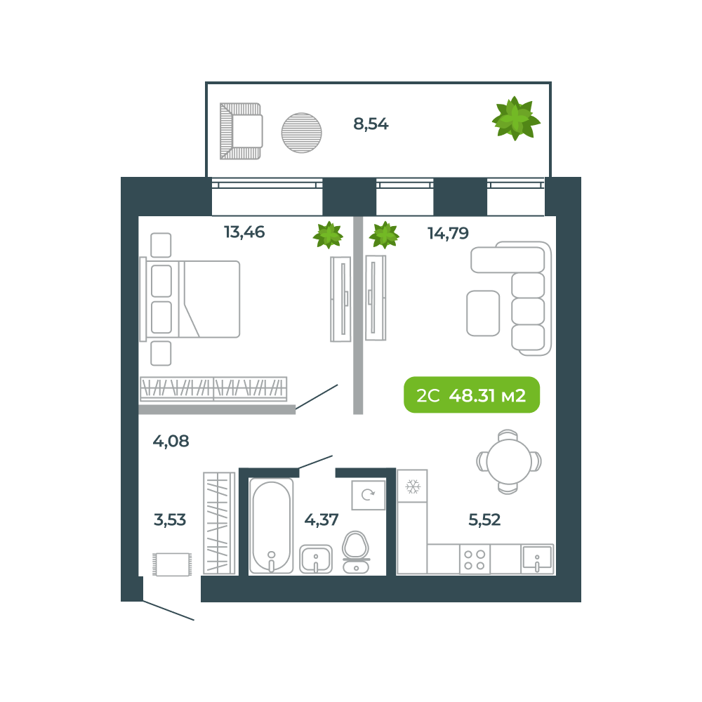 2-комнатная, 48.31 м², № 12 в Botanica (Ботаника)