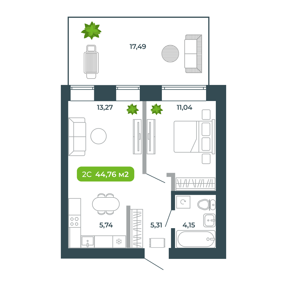 2-комнатная, 44.76 м², № 60 в Botanica (Ботаника)