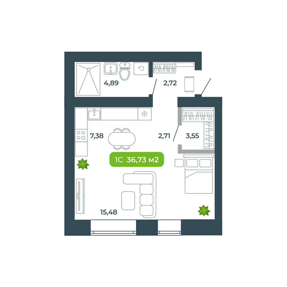 Студия, 36.73 м², № 51 в Botanica (Ботаника)