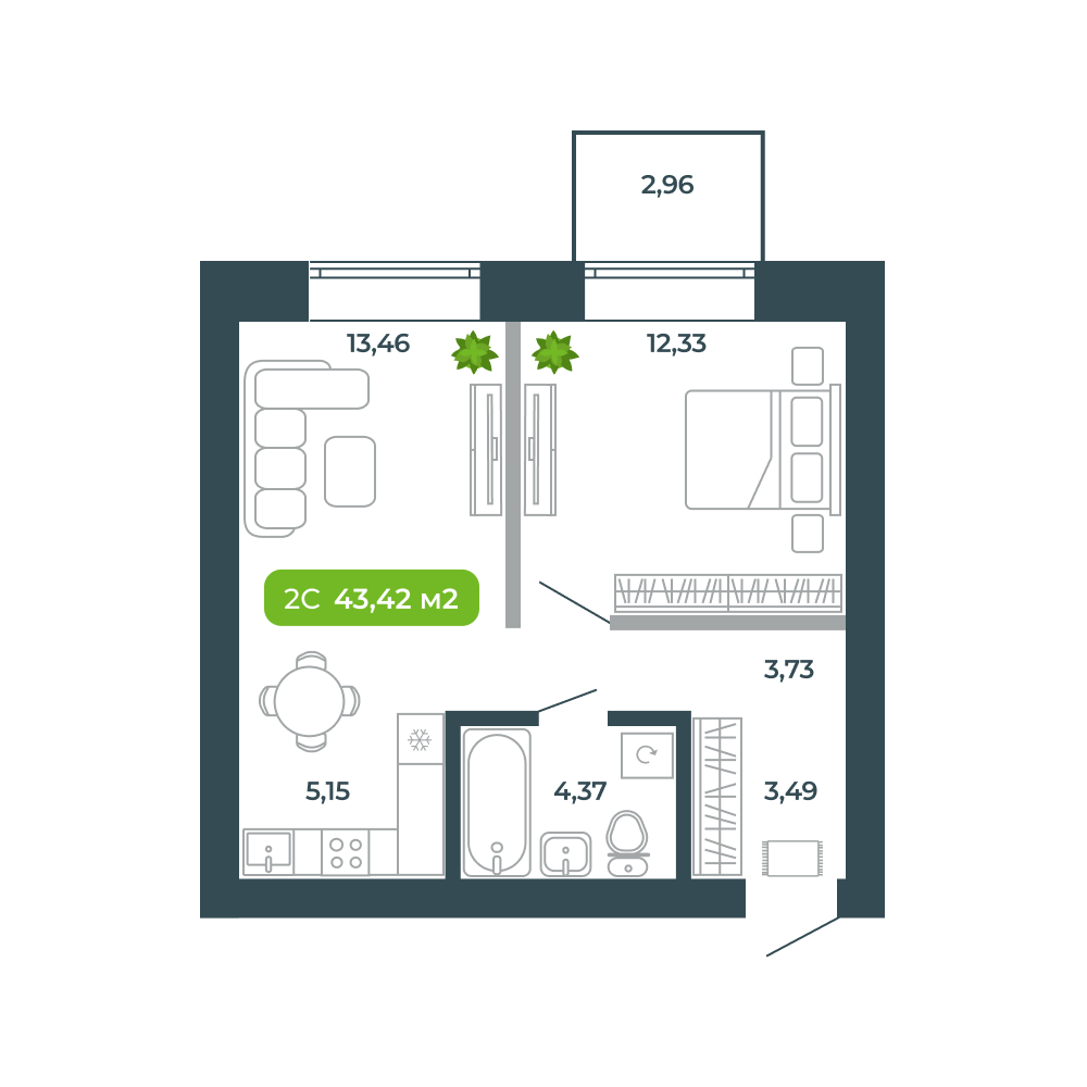 2-комнатная, 43.42 м², № 45 в Botanica (Ботаника)