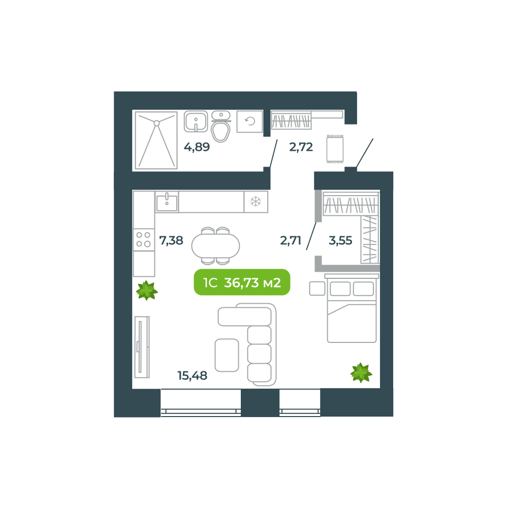 2-комнатная, 36.73 м², № 30 в Botanica (Ботаника)