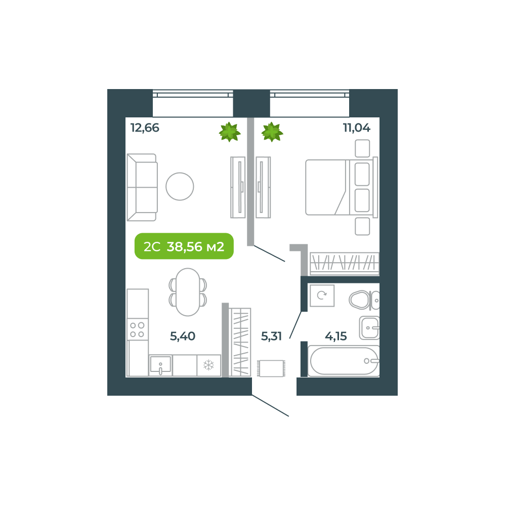 2-комнатная, 38.56 м², № 24 в Botanica (Ботаника)