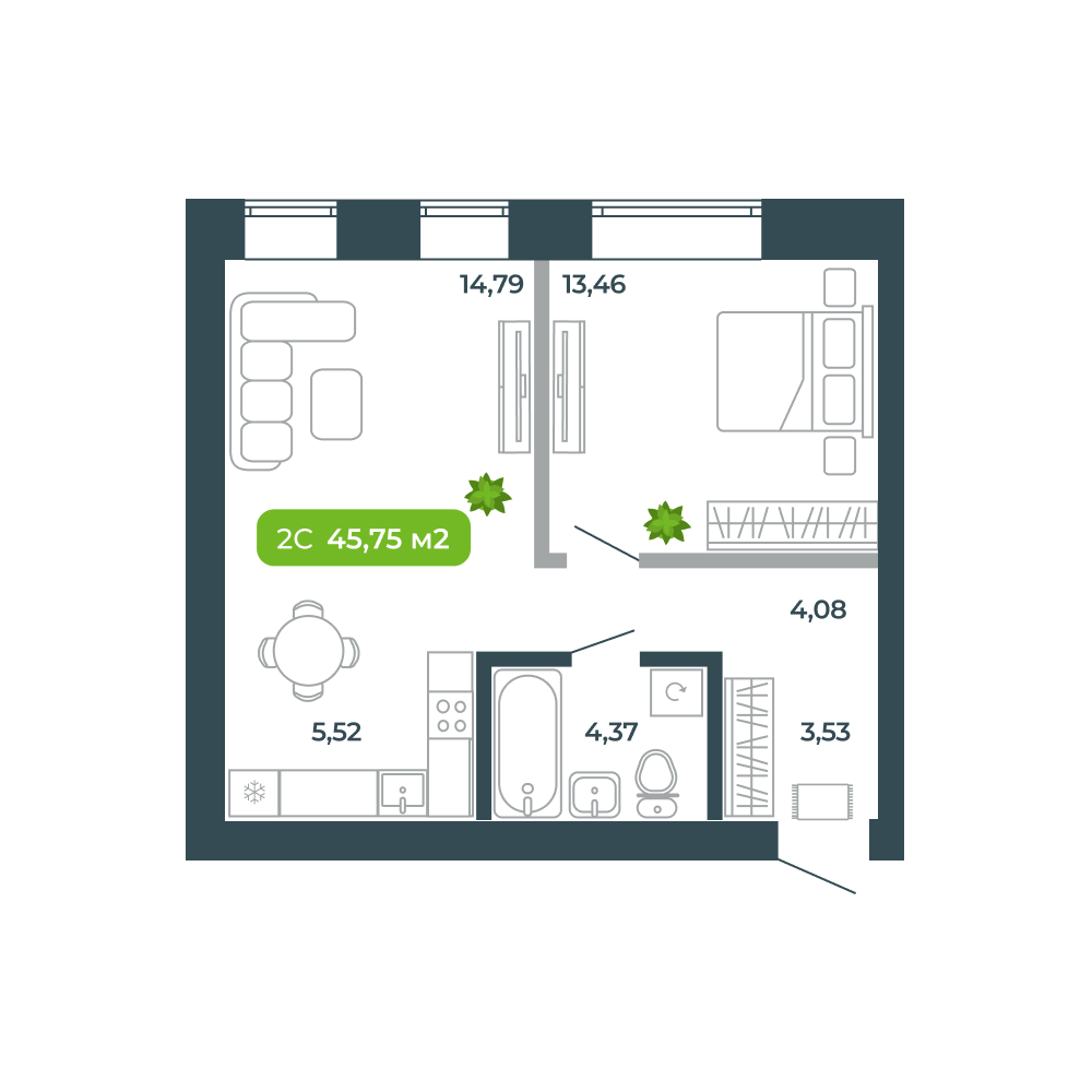 2-комнатная, 45.75 м², № 80 в Botanica (Ботаника)