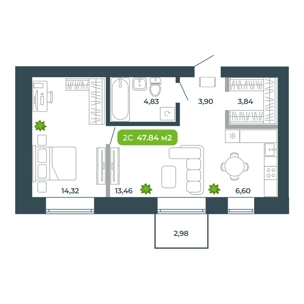 2-комнатная, 47.84 м², № 8 в Botanica (Ботаника)