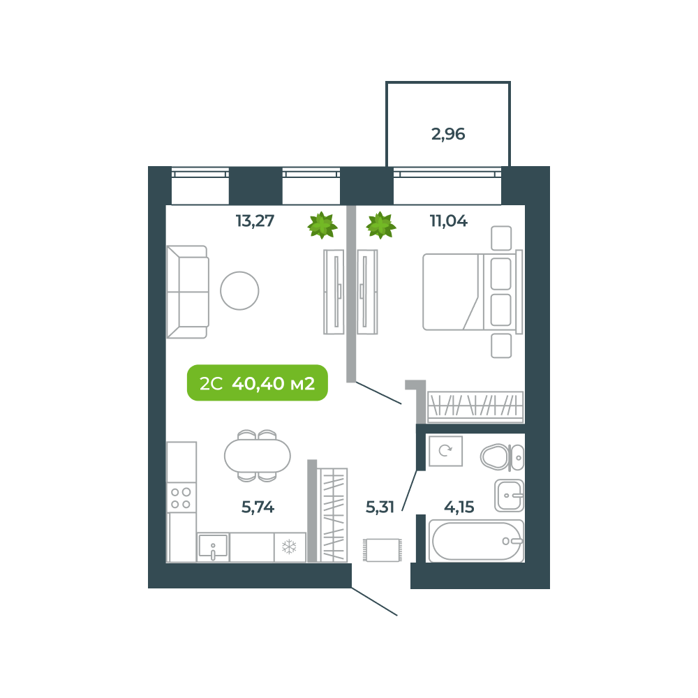 2-комнатная, 40.4 м², № 74 в Botanica (Ботаника)