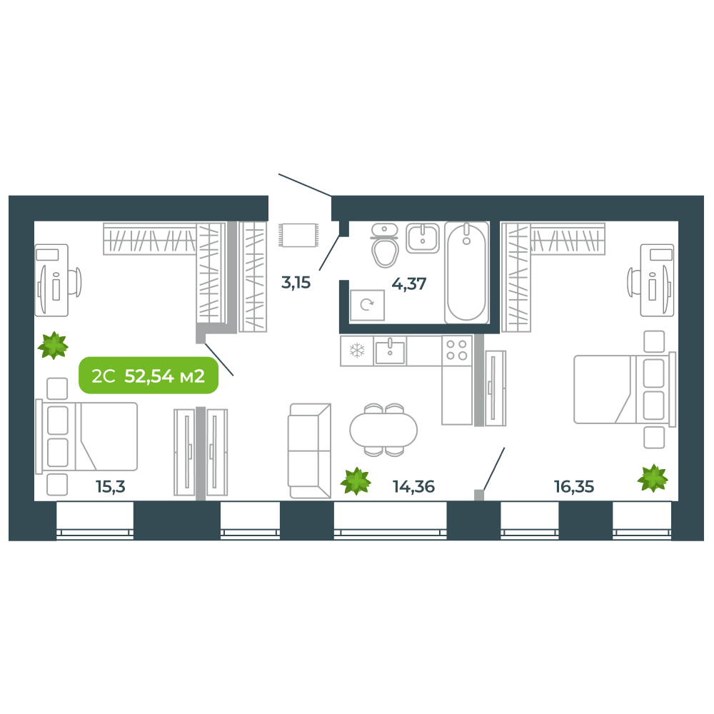 2-комнатная, 52.54 м², № 56 в Botanica (Ботаника)