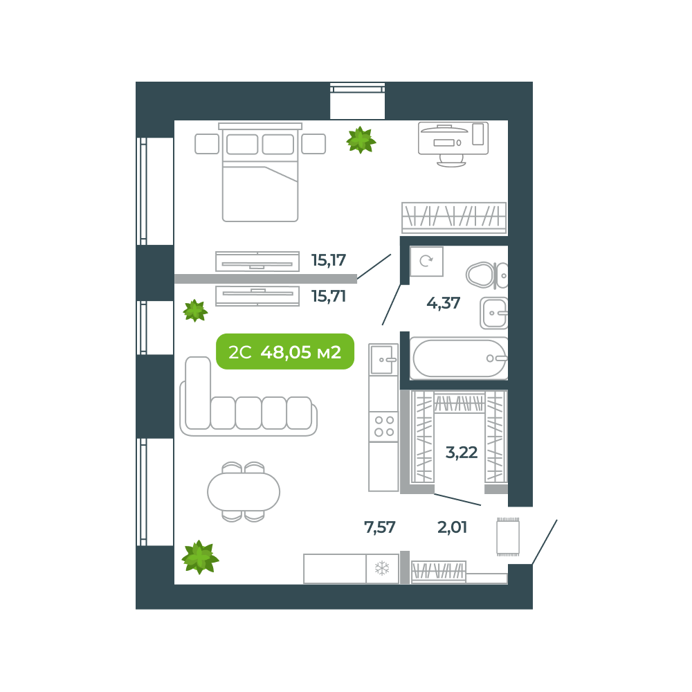 2-комнатная, 48.05 м², № 23 в Botanica (Ботаника)